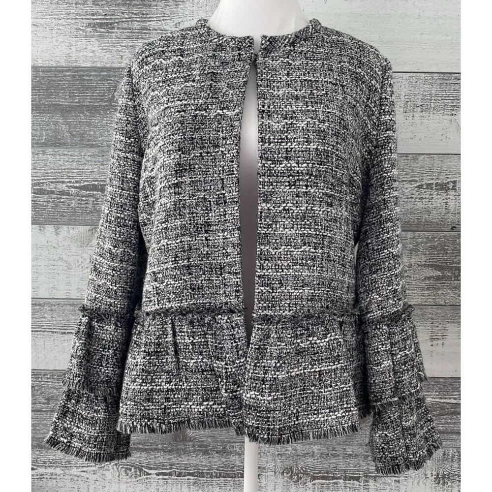 Chico's Black & White Woven Tweed Tiered Bell Sleeve Open Front Jacket Sz 1 (M)